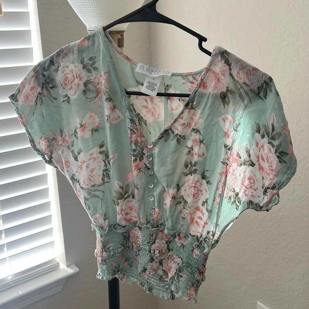 Juniors size small green and pink floral top